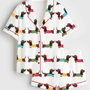 Women's Adorable Dachshund Dog Short Sleeve Satin Pajama Set