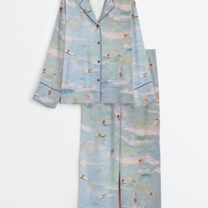 Women's Aerial Surfers Abstract Coastal Light Blue Ocean View With Mini Surfboards Long Sleeve Satin Pajama Set