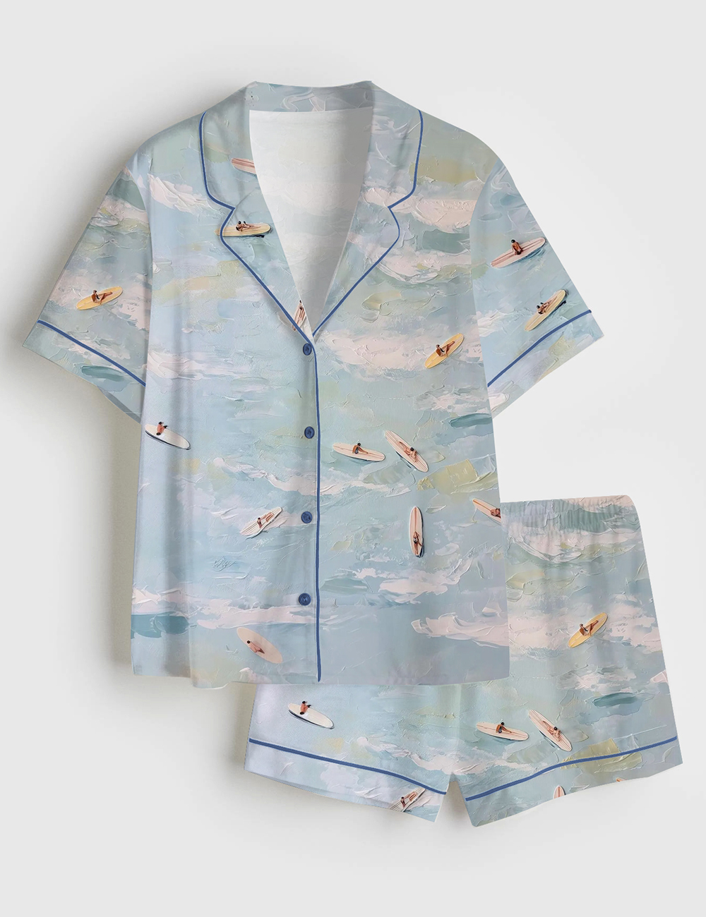 Women's Aerial Surfers Abstract Coastal Light Blue Ocean View With Mini Surfboards Short Sleeve Satin Pajama Set