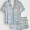 Womenâ€™s Aerial Surfers Abstract Coastal Light Blue Ocean View With Mini Surfboards Short Sleeve Satin Pajama Set