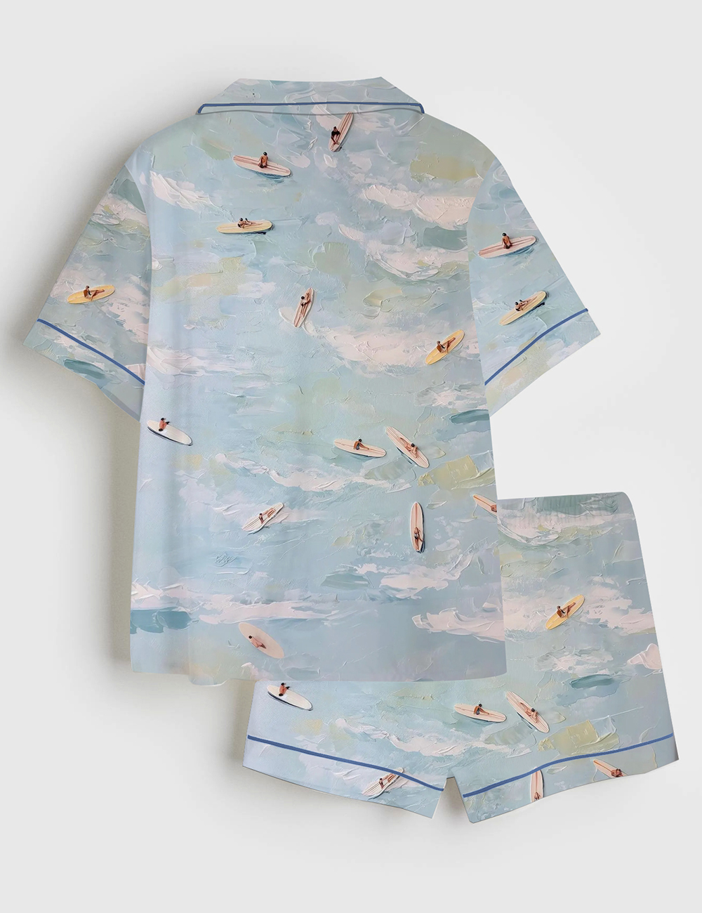 Women's Aerial Surfers Abstract Coastal Light Blue Ocean View With Mini Surfboards Short Sleeve Satin Pajama Set - Image 2