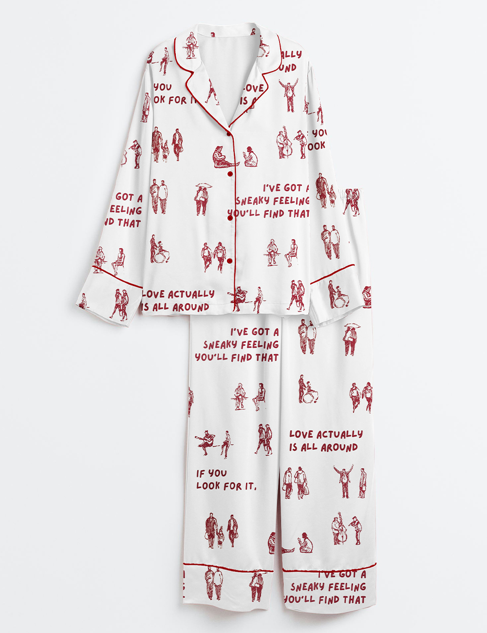 Women’s Aesthetic Love Actually Is All Around Tiny Humans Walking Print Long Sleeve Satin Pajama Set