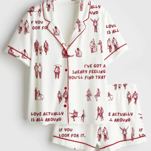 Women's Aesthetic Love Actually Is All Around Tiny Humans Walking Print Short Sleeve Satin Pajama Set