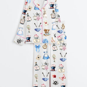 Womenâ€™s Alice In Wonderland Teapot Dress Mad Hatter Hat Tea Party Long Sleeve Satin Pajama Set