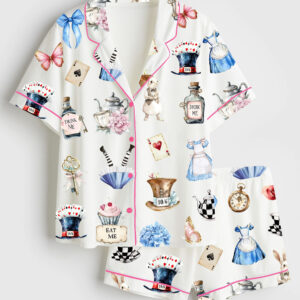 Women's Alice In Wonderland Teapot Dress Mad Hatter Hat Tea Party Short Sleeve Satin Pajama Set