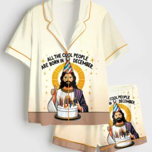 Womenâ€™s All The Cool People Are Born In December Birthday Christmas Jesus Short Sleeve Satin Pajama Set