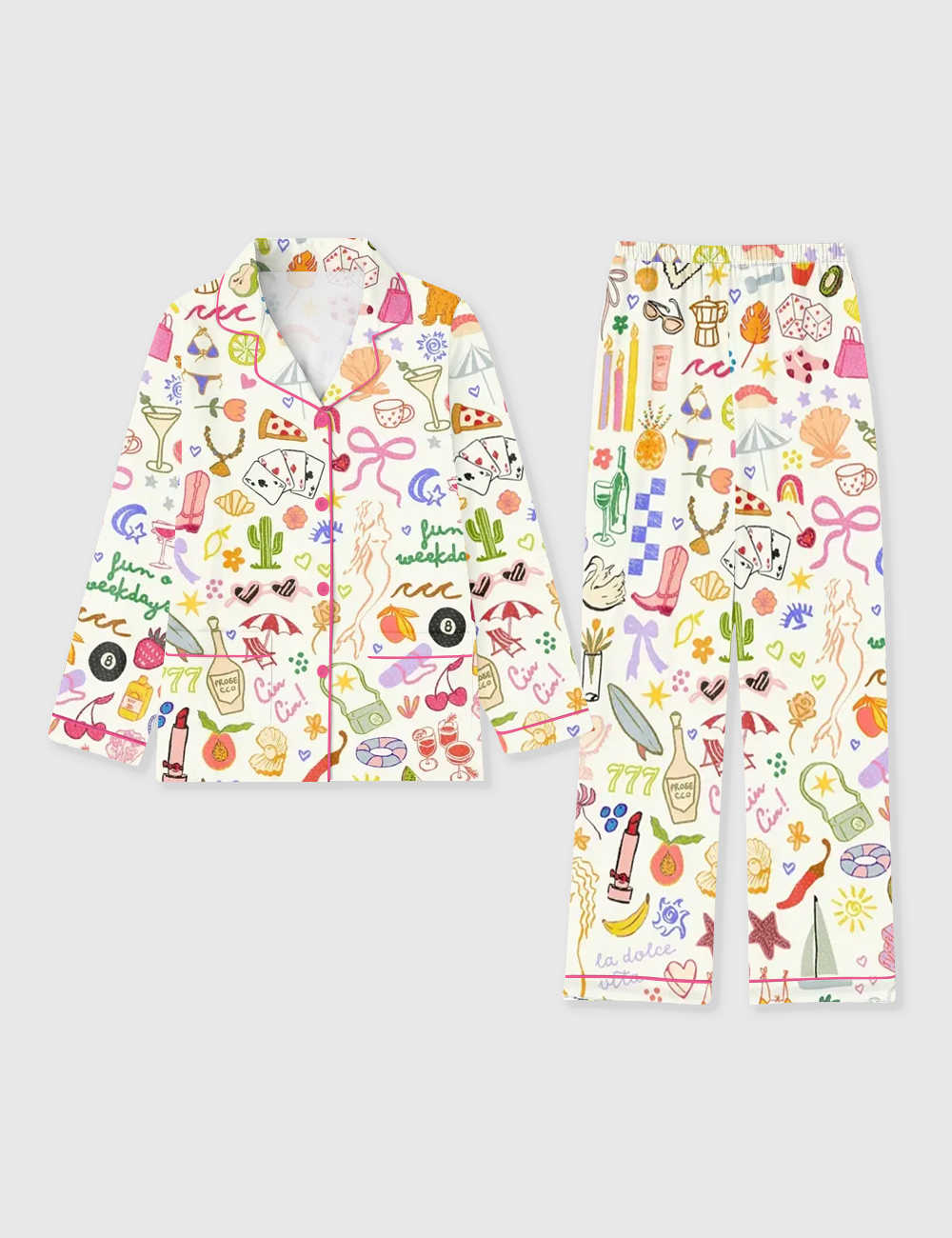 Women's All The Fun Things Cowboy Champagne Martini Weekdays Long Sleeve Pocket Cotton Pajama Set