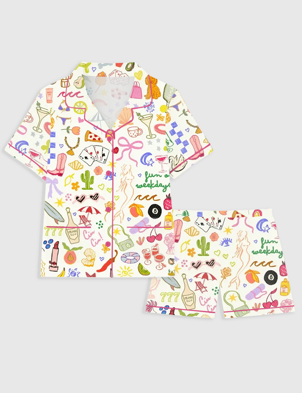 Women's All The Fun Things Cowboy Champagne Martini Weekdays Short Sleeve Pocket Cotton Pajama Set