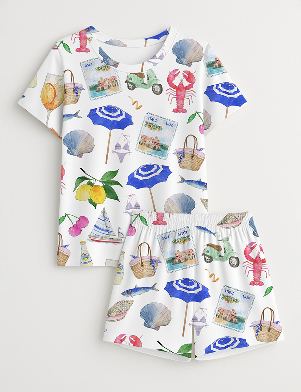 Women's Amalfi Coast Italian Summer Coastal Beach Bachelorette Beach Summer Whimsical Travel Short Sleeve Pajamas Set