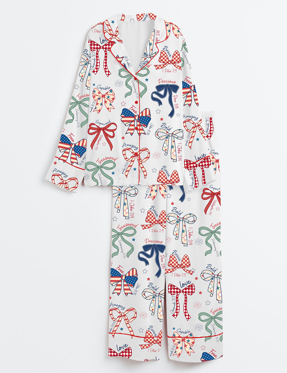 Womenâ€™s America Coquette USA 4th Of July Girly Patriotic Independence Day Print Long Sleeve Satin Pajama Set