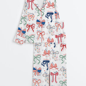 Women's America Coquette USA 4th Of July Girly Patriotic Independence Day Print Long Sleeve Satin Pajama Set