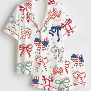 Womenâ€™s America Coquette USA 4th Of July Girly Patriotic Independence Day Print Short Sleeve Satin Pajama Set