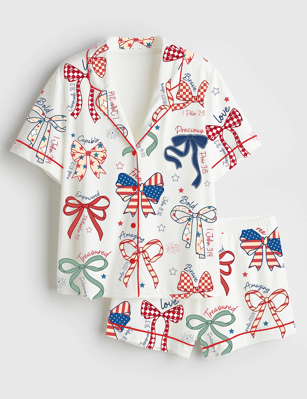 Womenâ€™s America Coquette USA 4th Of July Girly Patriotic Independence Day Print Short Sleeve Satin Pajama Set