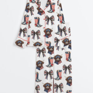 Women's America Highland Cow Western 4th Of July Long Sleeve Satin Pajama Set