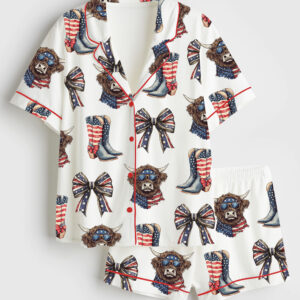 Womenâ€™s America Highland Cow Western 4th Of July Short Sleeve Satin Pajama Set