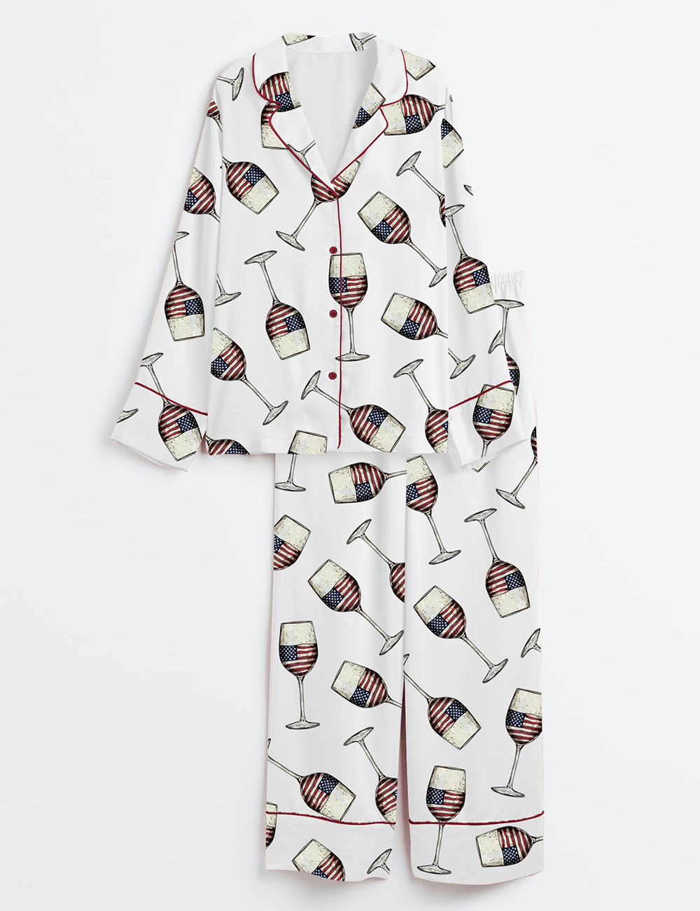 Womenâ€™s American Flag 4th Of July USA Wine Print Long Sleeve Satin Pajama Set