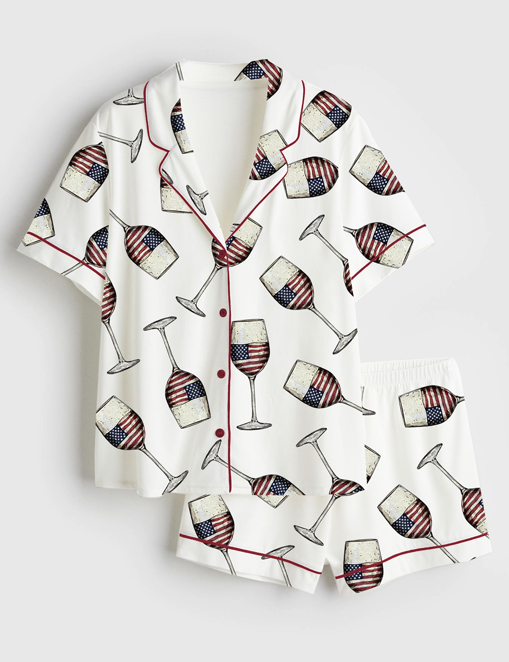 Womenâ€™s American Flag 4th Of July USA Wine Print Short Sleeve Satin Pajama Set