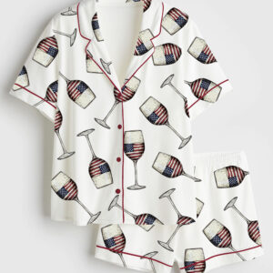 Women's American Flag 4th Of July USA Wine Print Short Sleeve Satin Pajama Set