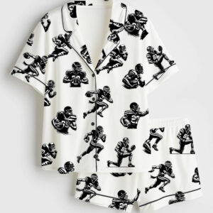 Women's American Football Players Silhouette Short Sleeve Satin Pajama Set
