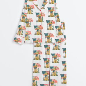 Women's American Golden Retriever Cowboy Dog American Flag 4th Of July Western Long Sleeve Satin Pajama Set