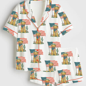 Womenâ€™s American Golden Retriever Cowboy Dog American Flag 4th Of July Western Short Sleeve Satin Pajama Set