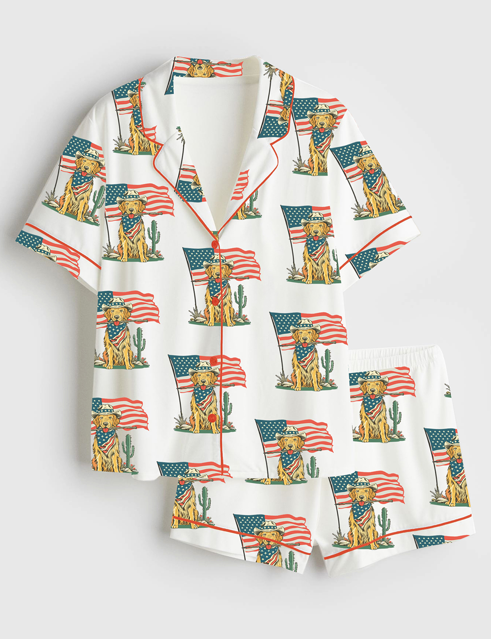 Womenâ€™s American Golden Retriever Cowboy Dog American Flag 4th Of July Western Short Sleeve Satin Pajama Set