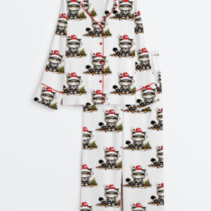 Women's Angry Cat If I Had Anymore Christmas Spirit I'd Be Shitting Jingle Bells Long Sleeve Satin Pajamas Set