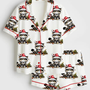 Womenâ€™s Angry Cat If I Had Anymore Christmas Spirit I'd Be Shitting Jingle Bells Short Sleeve Satin Pajama Set
