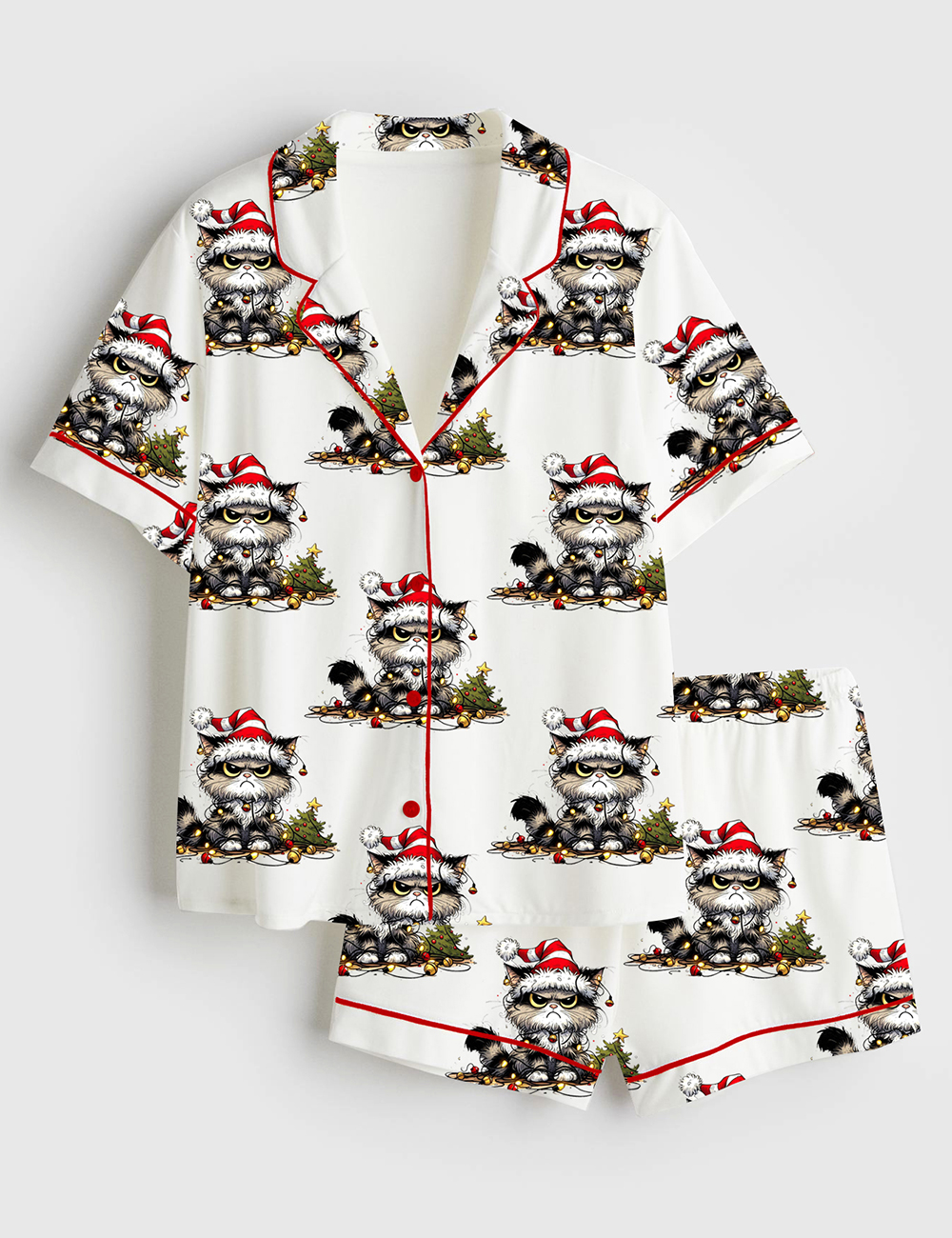 Women's Angry Cat If I Had Anymore Christmas Spirit I'd Be Shitting Jingle Bells Short Sleeve Satin Pajama Set