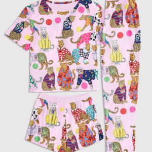 Womenâ€™s Animal Tiger Leopard Animal Short Sleeve Three Piece Pajama Set