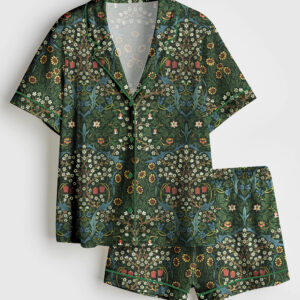 Women's Antique Colors Sunflowers Plant Lover Gardening Print Short Sleeve Satin Pajama Set