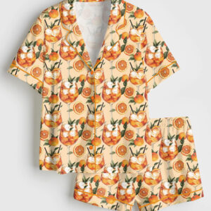 Womenâ€™s Aperol Spritz Italian Cocktail Party Oranges Summer Beach Aperitivo Italy Theme Print Short Sleeve Satin Pajama Set
