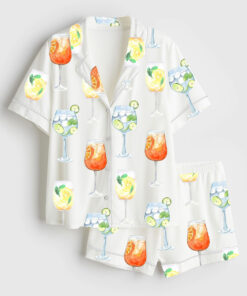 Women's Aperol Spritz Limoncello Hugo Spritz Cocktail Short Sleeve Satin Pajama Set