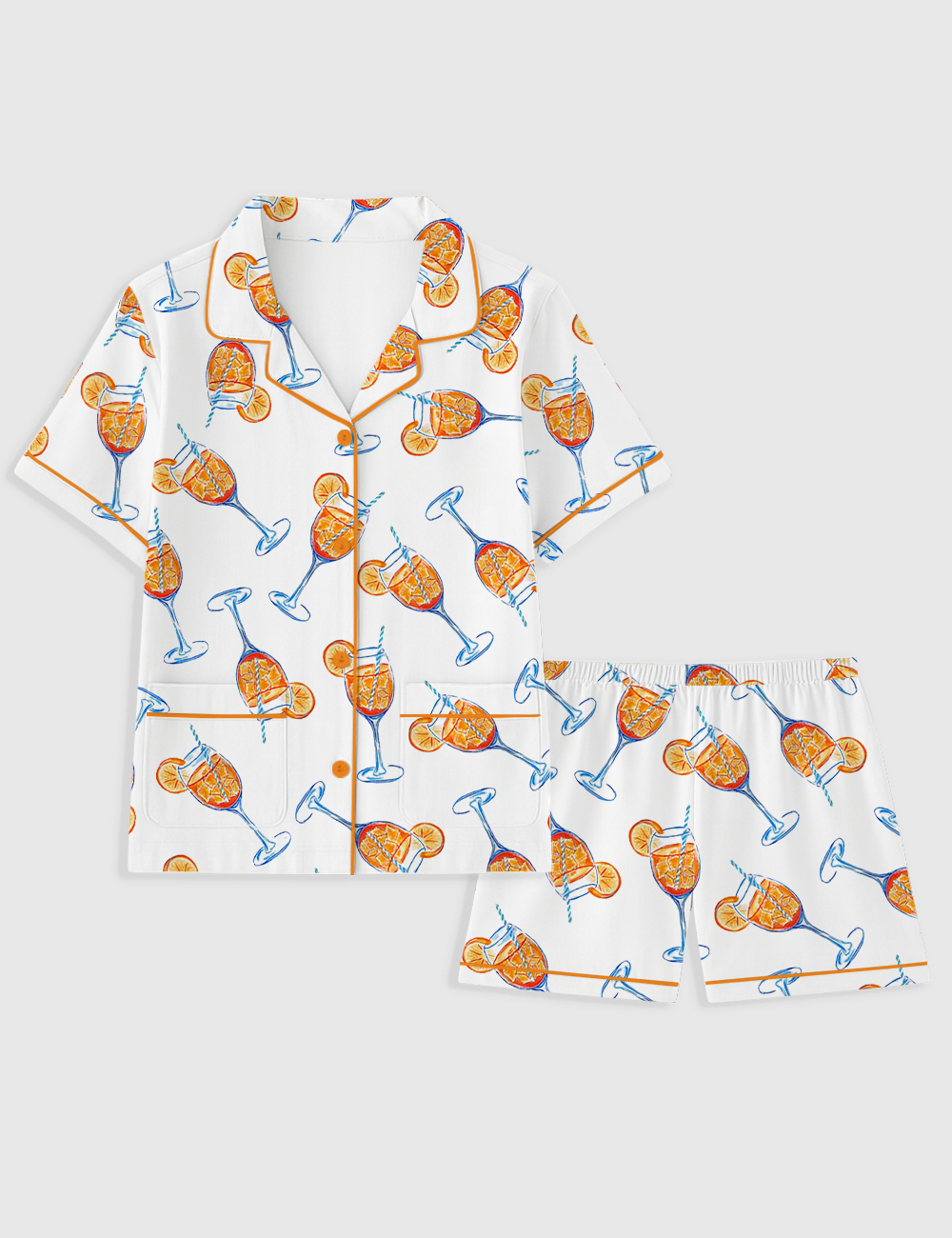 Women's Aperol Spritz Trio Watercolor Short Sleeve Pocket Cotton Pajama Set