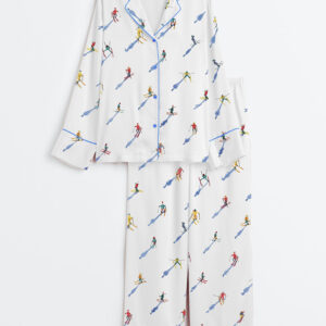 Women's Apres Ski Mini Skier Minimalist Watercolor Ski Print Long Sleeve Satin Pajama Set