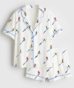 Women's Apres Ski Mini Skier Minimalist Watercolor Ski Print Short Sleeve Satin Pajama Set