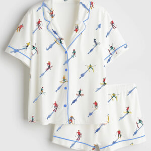 Womenâ€™s Apres Ski Mini Skier Minimalist Watercolor Ski Print Short Sleeve Satin Pajama Set