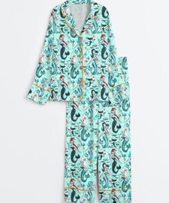 Women's Aqua Retro Mermaids Teal Pinup Girls Martini Mermaids Long Sleeve Satin Pajama Set