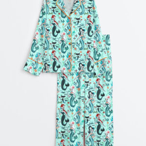 Women's Aqua Retro Mermaids Teal Pinup Girls Martini Mermaids Long Sleeve Satin Pajama Set