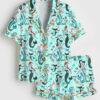 Women's Aqua Retro Mermaids Teal Pinup Girls Martini Mermaids Short Sleeve Satin Pajama Set