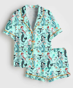 Women's Aqua Retro Mermaids Teal Pinup Girls Martini Mermaids Short Sleeve Satin Pajama Set
