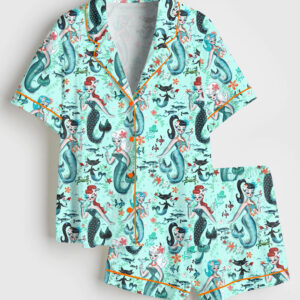 Womenâ€™s Aqua Retro Mermaids Teal Pinup Girls Martini Mermaids Short Sleeve Satin Pajama Set