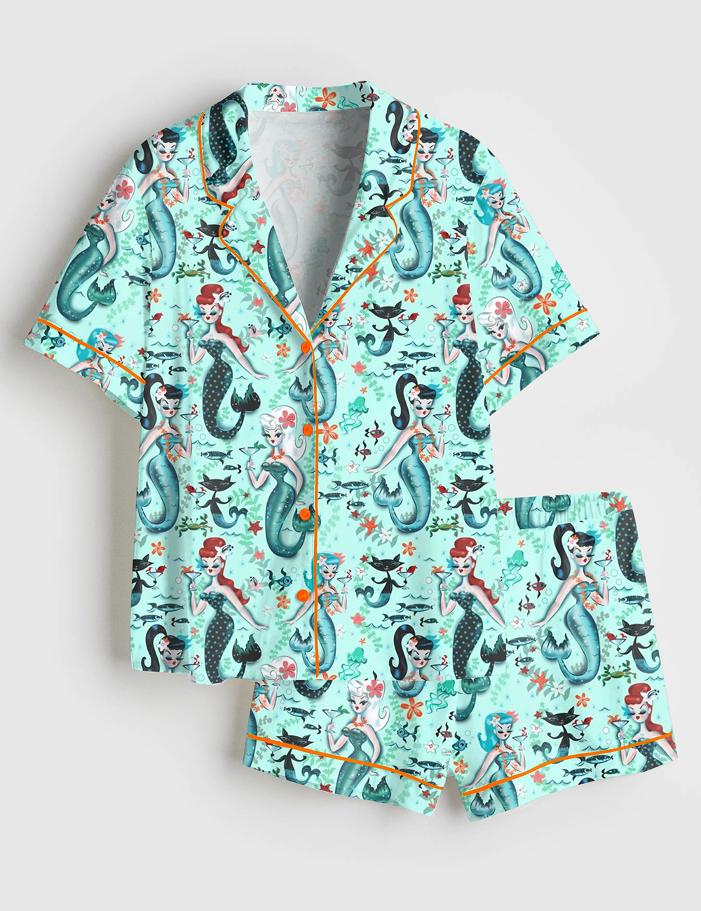 Womenâ€™s Aqua Retro Mermaids Teal Pinup Girls Martini Mermaids Short Sleeve Satin Pajama Set