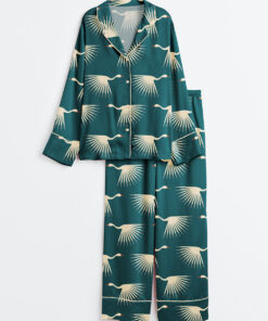 Women's Art Deco Cranes Long Sleeve Satin Pajama Set