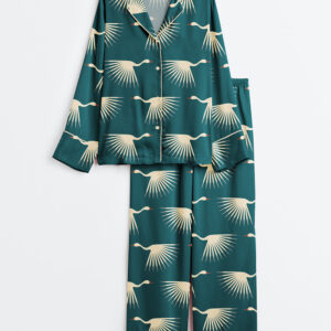 Womenâ€™s Art Deco Cranes Long Sleeve Satin Pajama Set