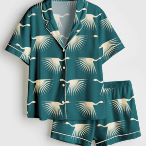 Women's Art Deco Cranes Short Sleeve Satin Pajama Set