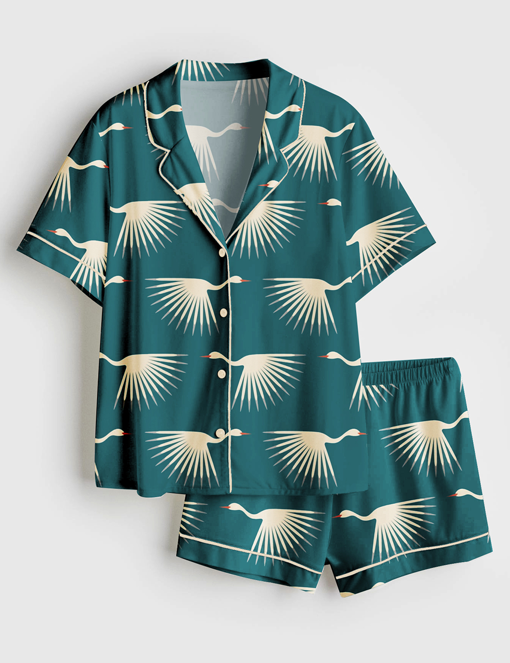 Womenâ€™s Art Deco Cranes Short Sleeve Satin Pajama Set