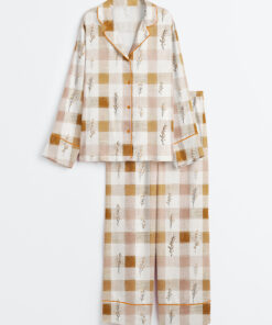 Women's Autumn Boho Minimalist Fall Checkered Retro Thanksgiving Long Sleeve Satin Pajama Set