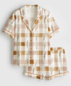 Women's Autumn Boho Minimalist Fall Checkered Retro Thanksgiving Short Sleeve Satin Pajama Set