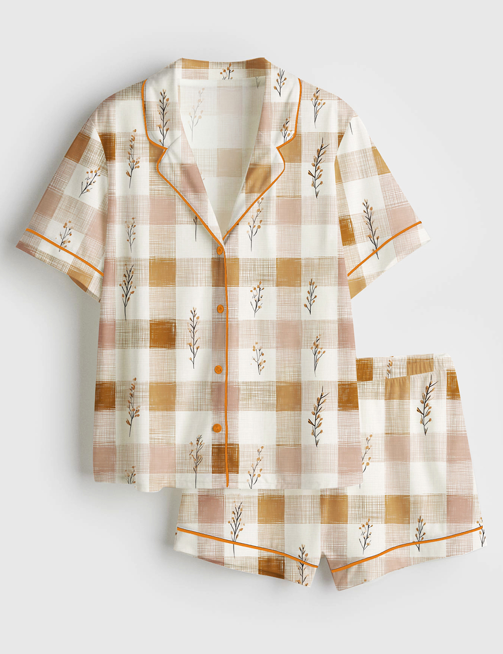 Women’s Autumn Boho Minimalist Fall Checkered Retro Thanksgiving Short Sleeve Satin Pajama Set